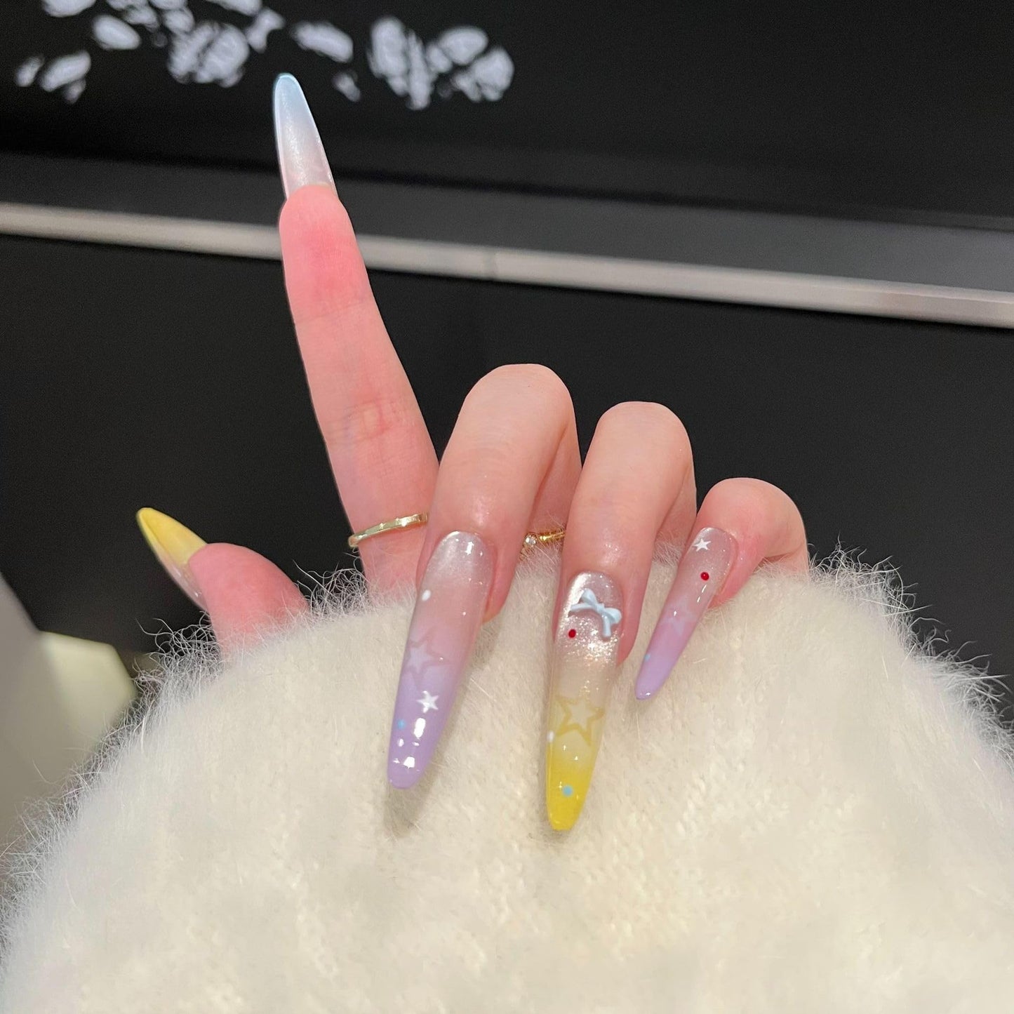 Dreamy Pastel Ombre Press On Nails, Star & Bow Embellished Extra Long Stiletto Fake Nails, Reusable Manicure Set (S)