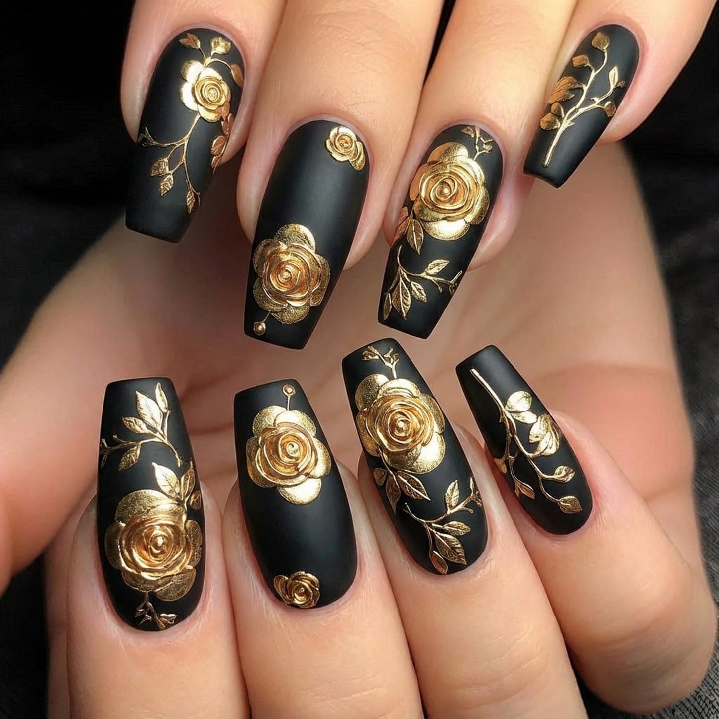 24pcs Press on Nail Long Coffin Fake Nails Black with Gold Floral designs 3D False Nails Full Cover Luxury Press ones Glossy Reusable Acrylic Glue on Nails for Women Art Manicure