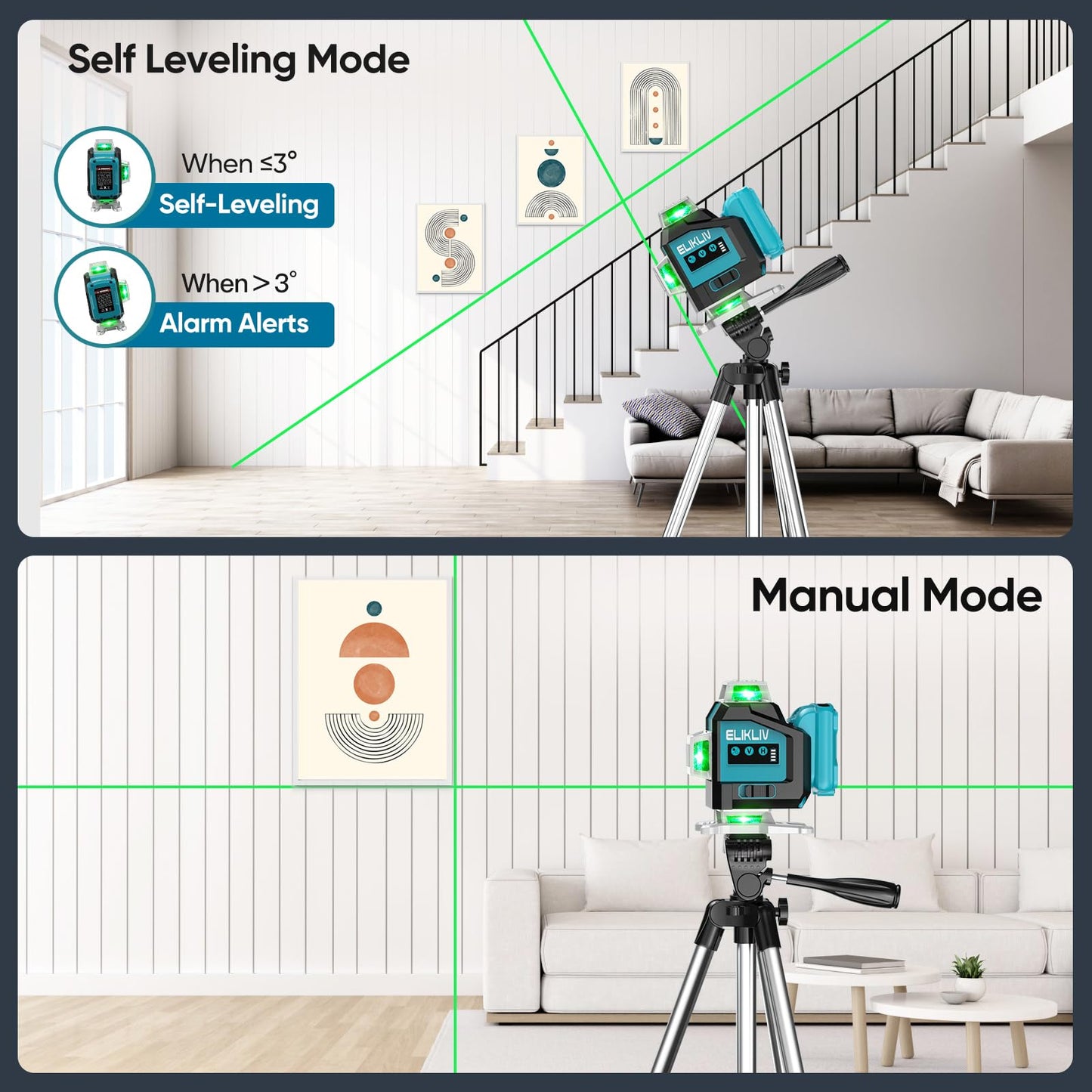 Elikliv Laser Level 360 Self Leveling, 200Ft Green Laser Level Lines Tool, 4x360° Cross Line Laser, Self Leveling Laser Level for Construction＆Picture Hanging, Rechargeable Batterie(16Hrs)