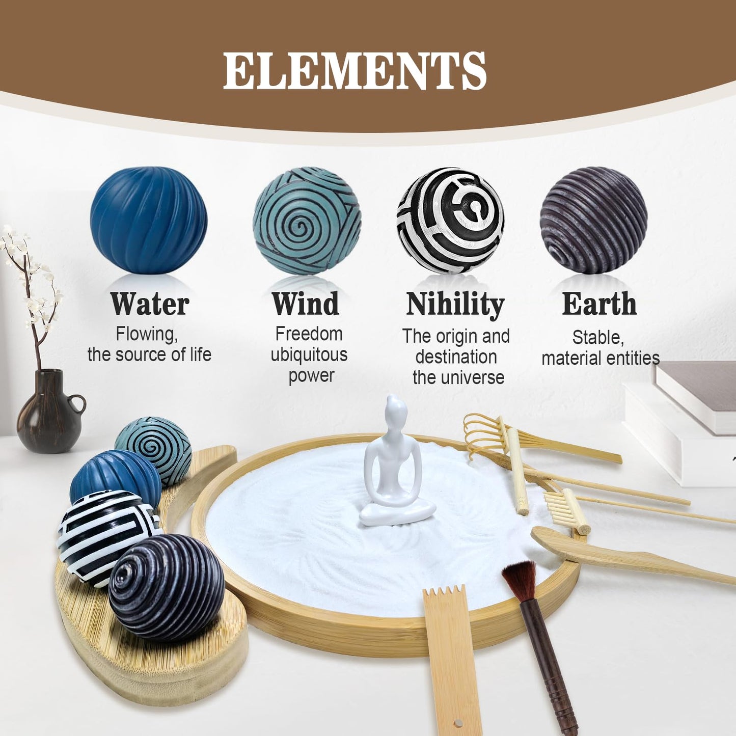 Zen Garden Kit for Desk - Premium Beautiful Japanese Mini Zen Sand Garden Box Gift Set for Home Decor, Office Desk with Large Round Bamboo Tray, White Sands, 4 Sand Spheres & Spheres Holder