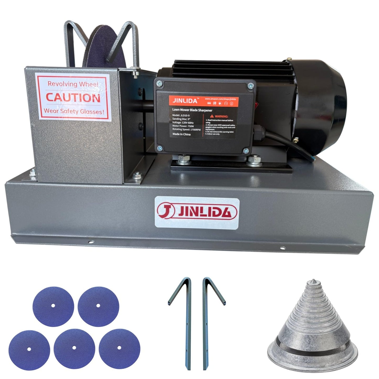 Jinlida JLD10-8 Lawn Mower Blade Sharpener, 2/3HP 500W Grinder Sharpening Machine with 7-inch Ceramic Grinding Wheel and Balancer and 5 Sanding Discs
