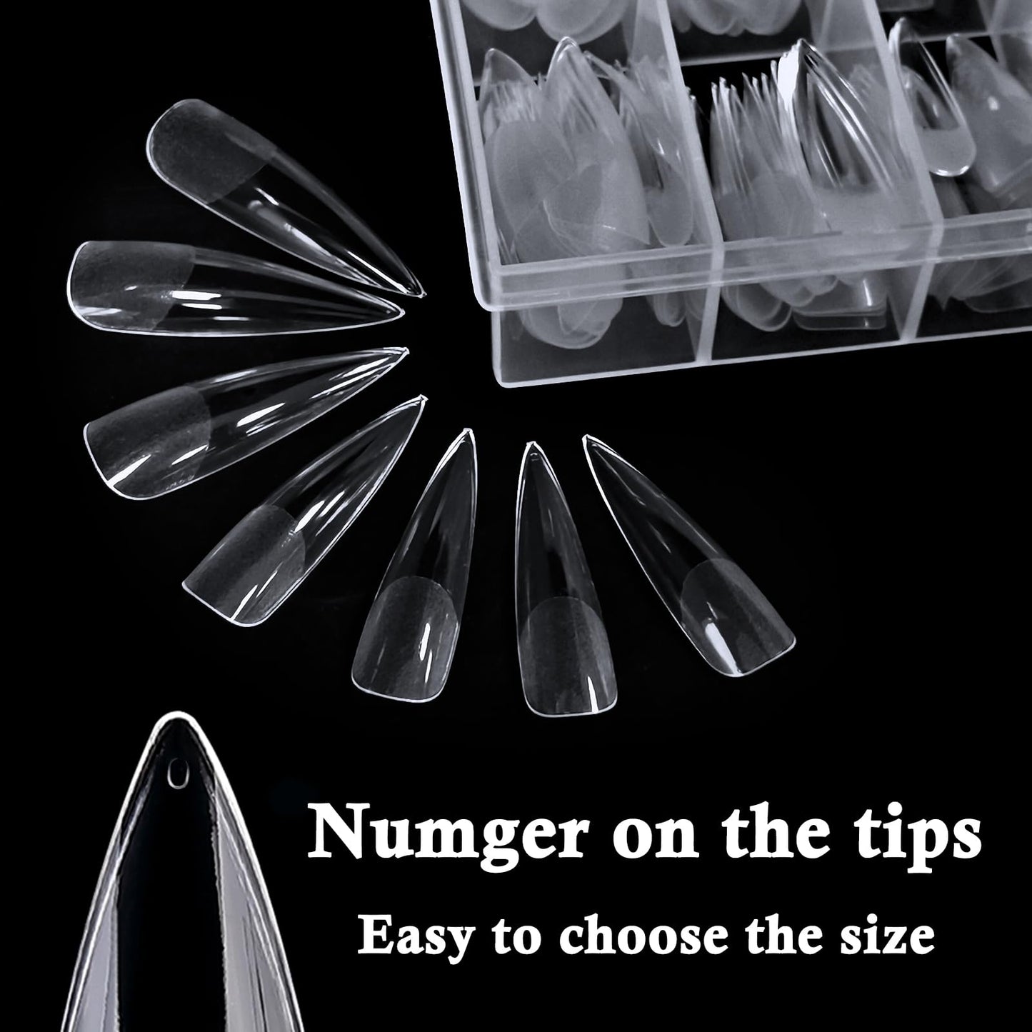 LoveOurHome 240pc XXL Stiletto Nail Tips Long Fake Nails Clear Press ons Nail Stiletto Soft Gel Nail Tip Extra Long Full Cover Pointy Artificial False Nails 12 Sizes for Gel Acrylic Nail Extension