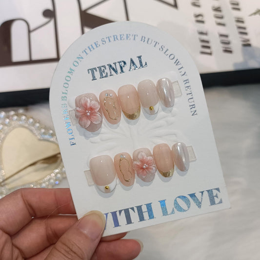 TENPAL Handmade Short Oval Fake Nails Kits,Glossy 3D Floral Iridescent White French Tips Press on Nails,Nude Pink Soft Gel Fake Nails 10pcs Kits,Full Cover Cute Nails with Designs for Daily(L Sizes)