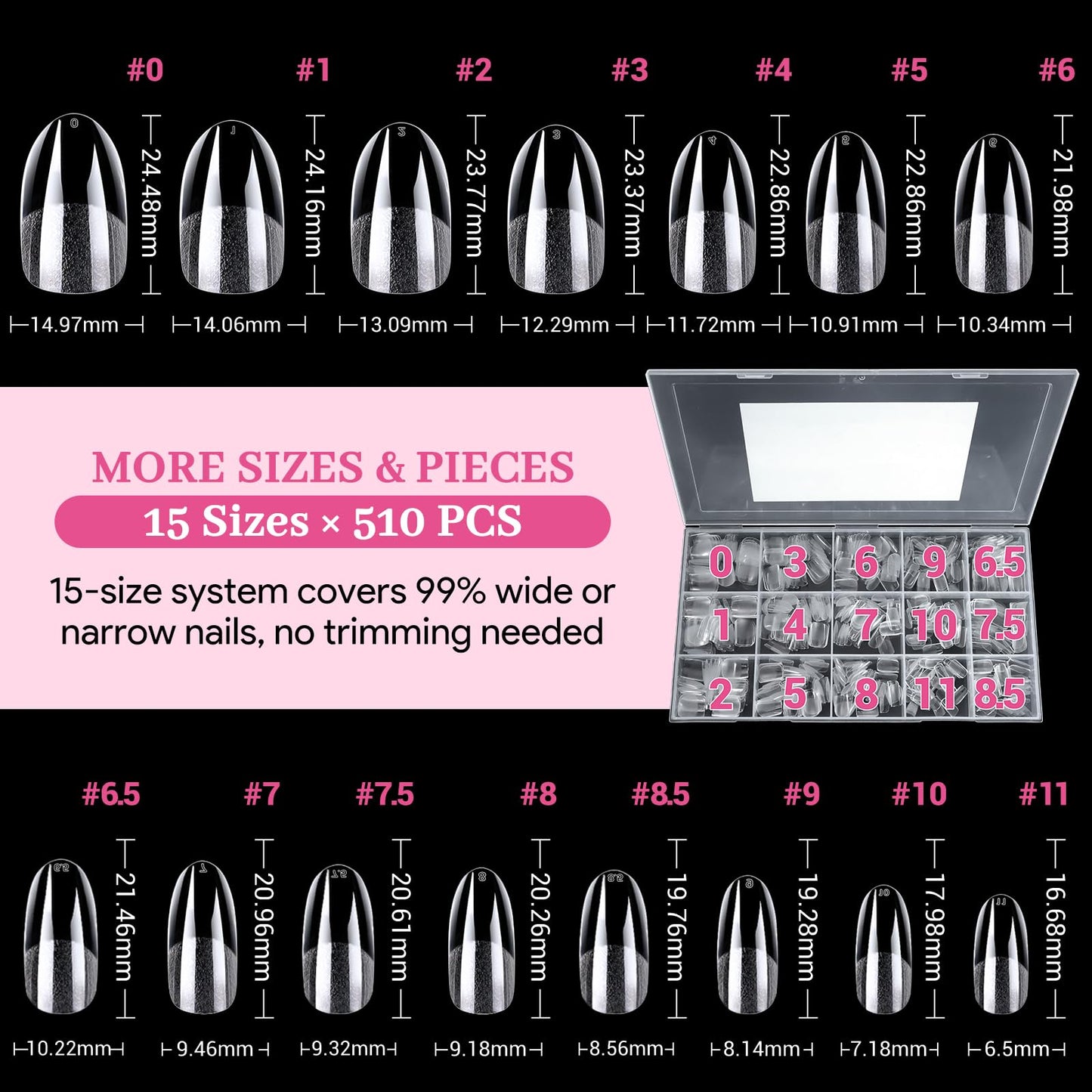Qiek Medium Round False Nail Tips, 15 Sizes 510 PCS Clear Soft Press On Fake Nail Pre-shaped Half Matte Full Cover Gel Nail Tips Extensions Strong Thick Long Lasting for DIY Beginners & Salon Manicure