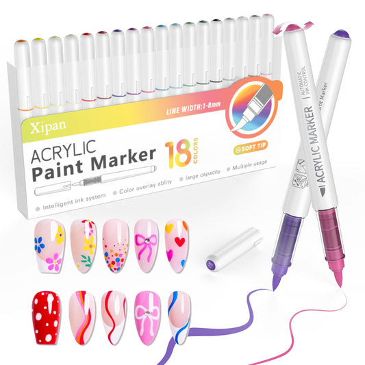 Xipan 18 Colors Nail Art Pens Set, 3D Nail Polish Pens Quick-Drying Nail Art Acrylic Paint Nail Point Dotting Liner Pen Tools for Home & Salon Nail DIY