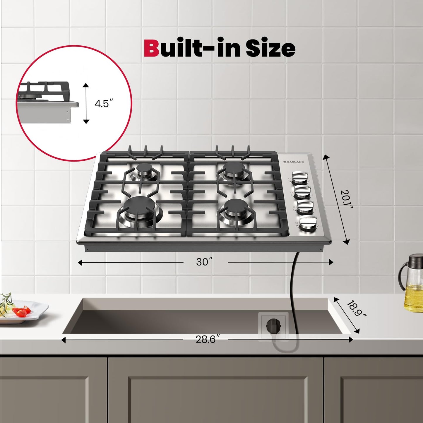 GASLAND 30 Inch Gas Cooktop with 4 Italy Sabaf Burners PRO GH2304SS,NG/LPG Convertible Natural Gas Propane Cooktops, Auto Ignition, Thermocouple Protection, CSA Certified
