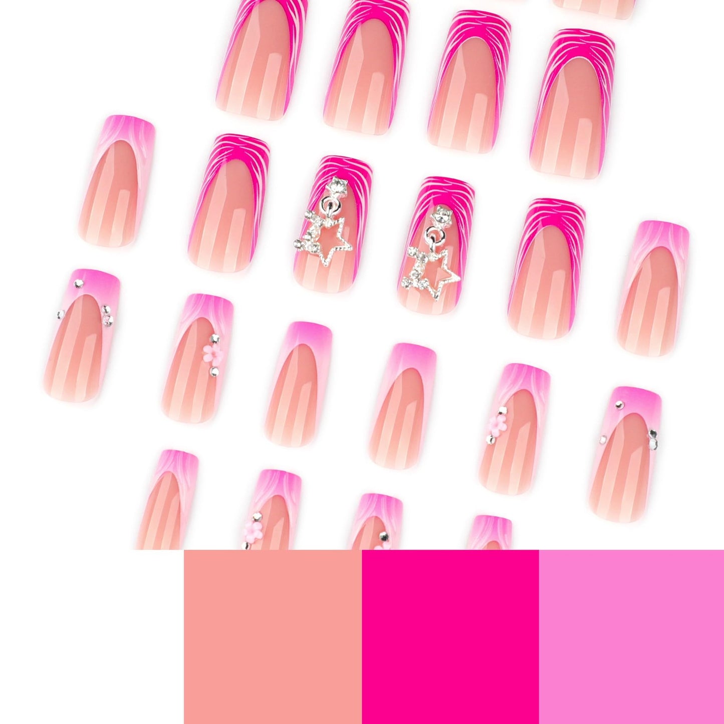 CTTHNBD Press on Square Nails - Medium Fake Nails with Star Charms Design - Pink French Tip False Nails - for Women 24 Pcs