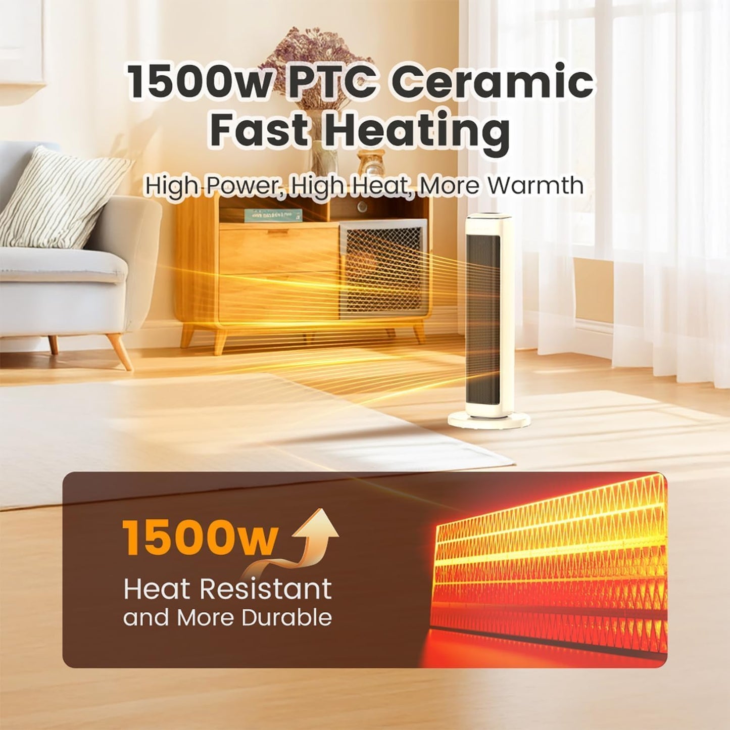 25" Space Heaters For Indoor Use Large Room, Electric Heaters For Indoor Use with Thermostat, Oscillating Room Heaters with Timer, Remote Control, Overheat Protection Tower Heater for Bedroom (Beige)
