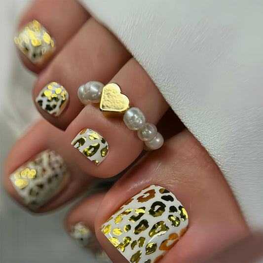 IMRAIN Press on Toenails Short Square Fake Toe Nails with Golden Leopard Print Designs Summer Glossy Acrylic False Toe Nails Artificial White Full Cover Stick on Toenails 24Pcs