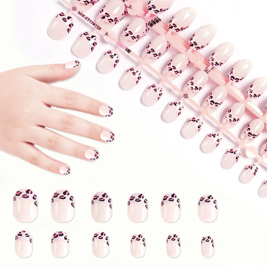 SIUSIO 120pcs 5 Pack Children Acrylic Fake Nails Press on Full Cover Short False Nail Art Kits Set Surprise Gift for Kids Little Girls Women - Pink Leopard