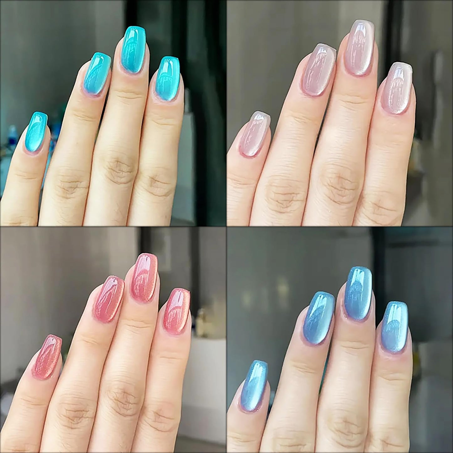 KKUUOO 4 Color Press on Nails, 96Pcs Medium Square Fake Nails, Glitter Press on Nails, Full Cover Glossy Acrylic Nails, Gradient False Nails, Stick on Nails for Women Girls (Cyan Blue Pink Nude Color)