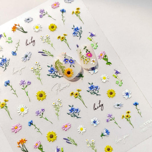 Flower Nail Stickers Spring Nail Art Decals Wildflower Daisy Sunflower Nail Decals 5D Embossed Stickers for Nails Designs Self Adhesive Nail Art Supplies & Decorations for Women Girls 1 Sheet