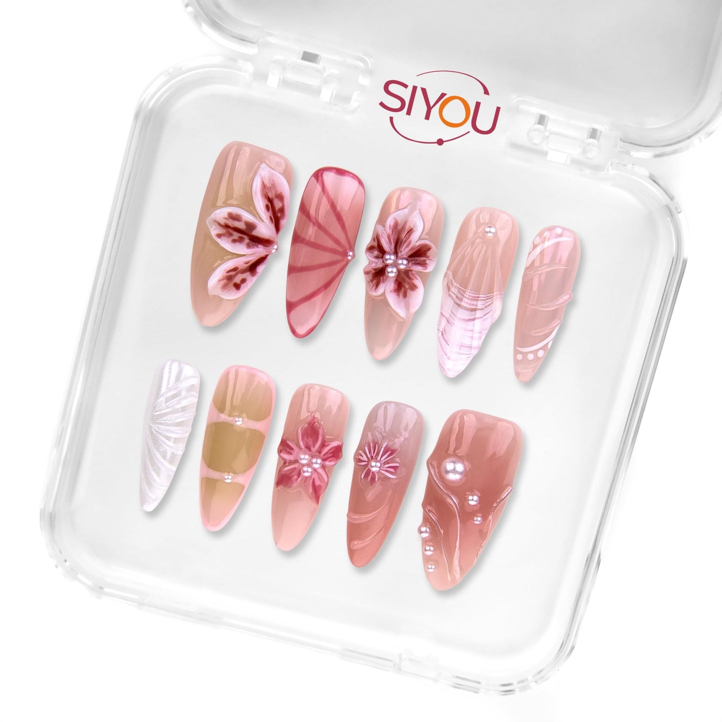 SIYOU Beauty | Tropical Serenade | Pink and White Tropical Long Almond Press On Nails for Women (Small) - Reusable, Salon-Quality Fake Nails (10pc)