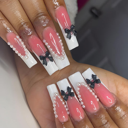 IMSOHOT Press on Nails Long Square Fake Nails White French Tip Glue on Nails with Black Bow Designs Glossy Acrylic Full Cover Stick on False Nails for Women Girls Manicure Decoration