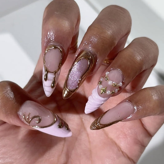 Almond Press on Nails Long Fake Nails Pink Artificial Nail Gold Charm Designs Stick on Nail for Women 24pcs