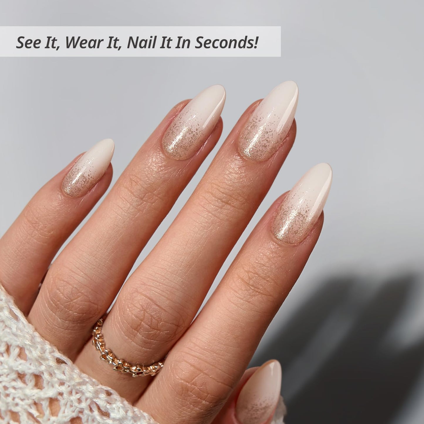 BTArtbox Press On Nails Almond - Champagne Frost, Medium Sparkle Press On Nails with Glue and Adhesive Tabs for Women in 15 Sizes - 30 Soft Gel Glue On Nails Kit