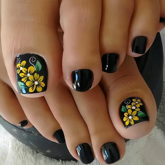 Yellow Flower Press on Toenails Summer False Toenails Black Solid Color Toe Nails Reusable Full Cover Toe Nails for Women