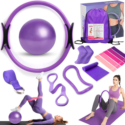 Pilates Ring Equipment Set, Home Pilates Kit for Women with 13’’ Magic Ring with Dual Padded Handles, Small Pilates Ball, 5 Resistance Bands & Complete Fitness Guide, Pilates Essential Accessories