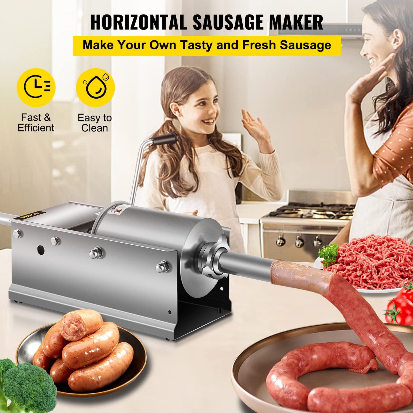 Happybuy Horizontal Sausage Stuffer 3L/ 7Lbs Manual Sausage Maker With 5 Filling Nozzles Sausage Stuffing Machine For Home & Commercial Use Stainless Steel