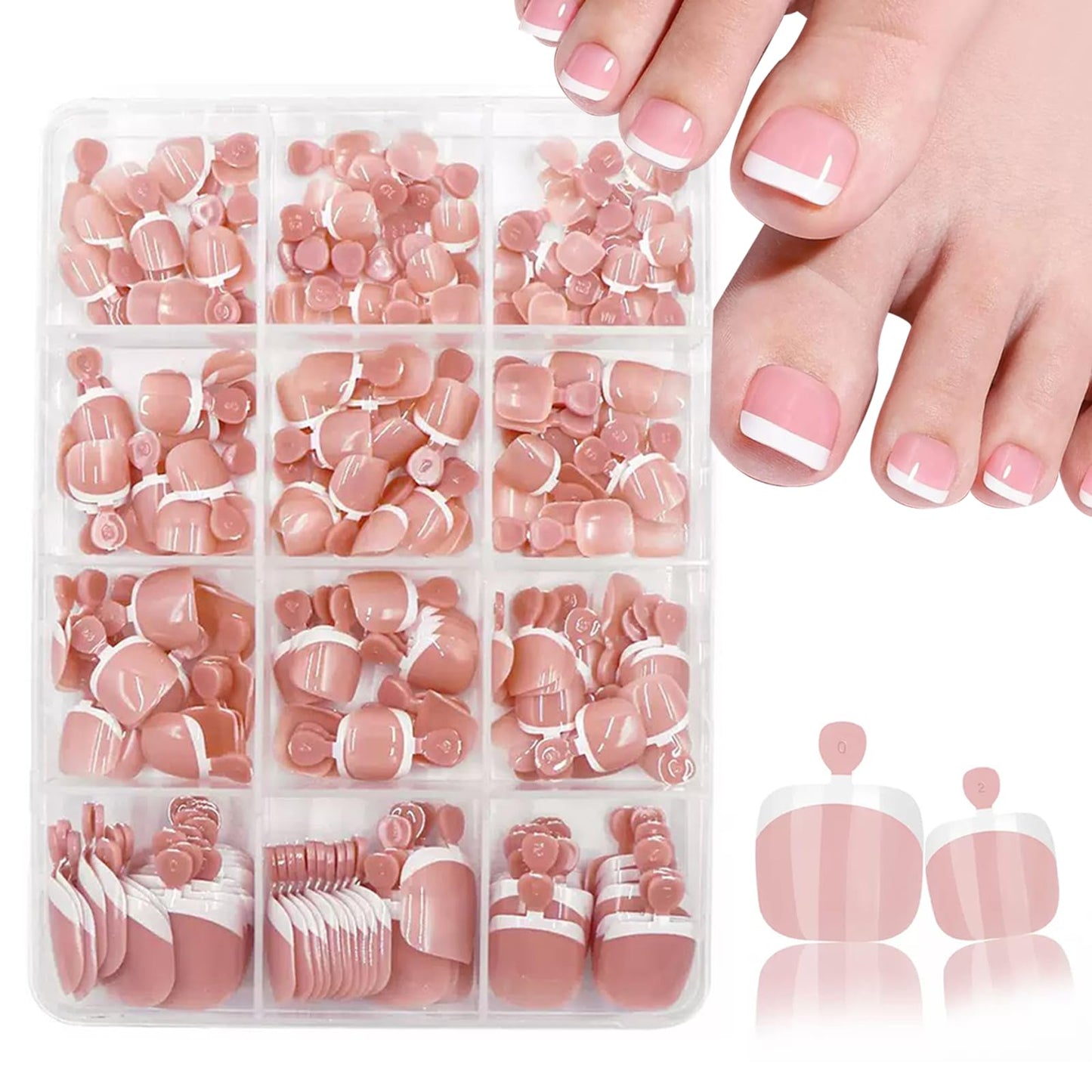 French Tips Press On Toenails Short Square Fake Toenails White French Tip Design Stick on Toenails Pink False Toe Nails Glossy Handmade Acrylic Glue on Toe Nails for Women Nails Art Decoration 240Pcs