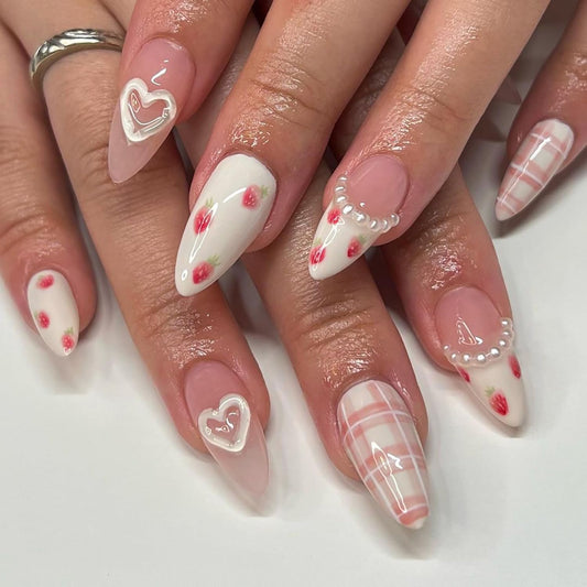 French Tip RIICFDD Almond Fake Nails Pearl Charm Designs Cute Strawberry Pattern False Nails Milky White Glossy Full Cover Stick on Nails for Women and Girls - 24 Pcs