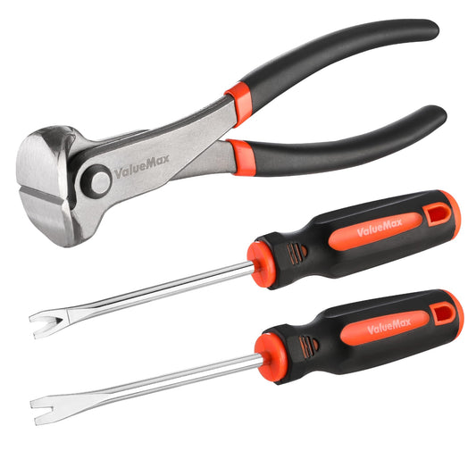 VALUEMAX 3Pcs Nail Puller and Staple Remover Tool, Include 7" End Cutting Pliers, 8" Bendable and Straight V Tip Staple Puller, Upholstery Tools for Cutting Wires, Removing Nails and Staples