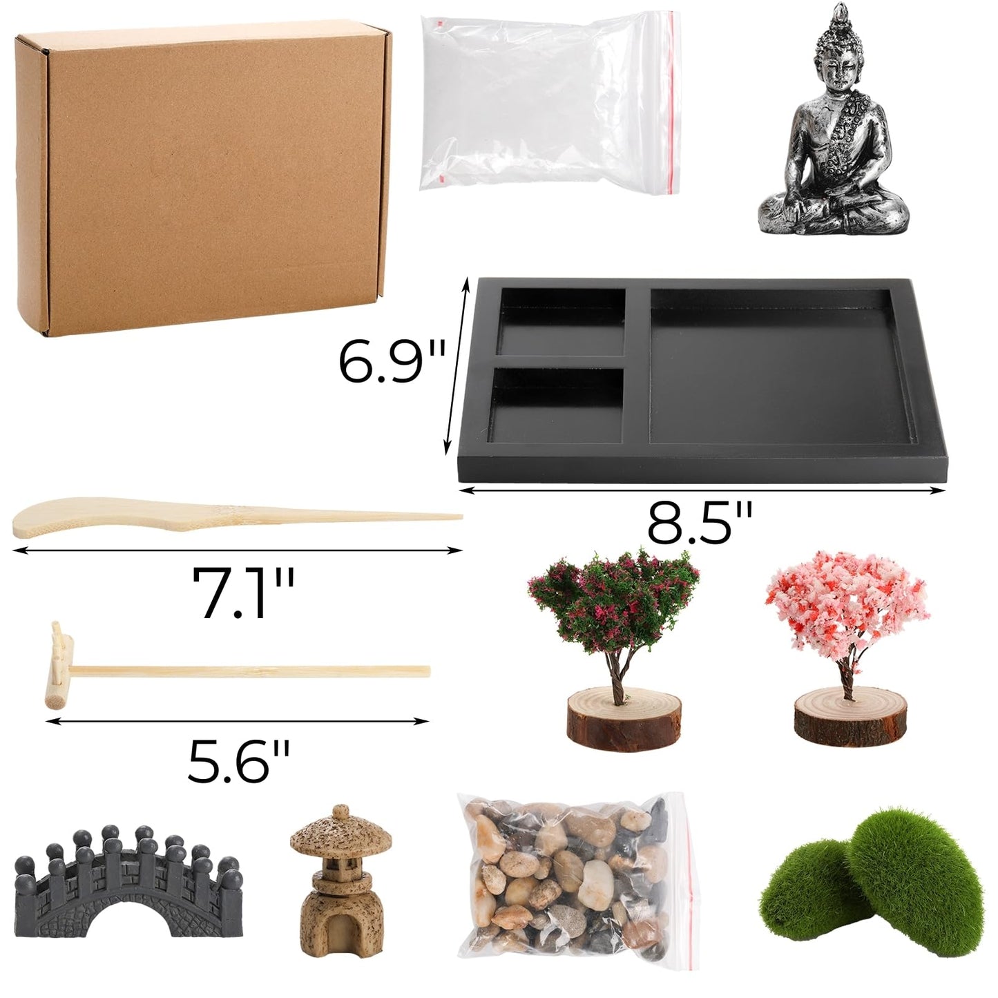Hiceeden Zen Garden Kit for Desk, 8.5×7 Inches Japanese Mini Zen Garden Accessories, Sand Tray Therapy Kit Meditation Gift for Home Office Desk Decor