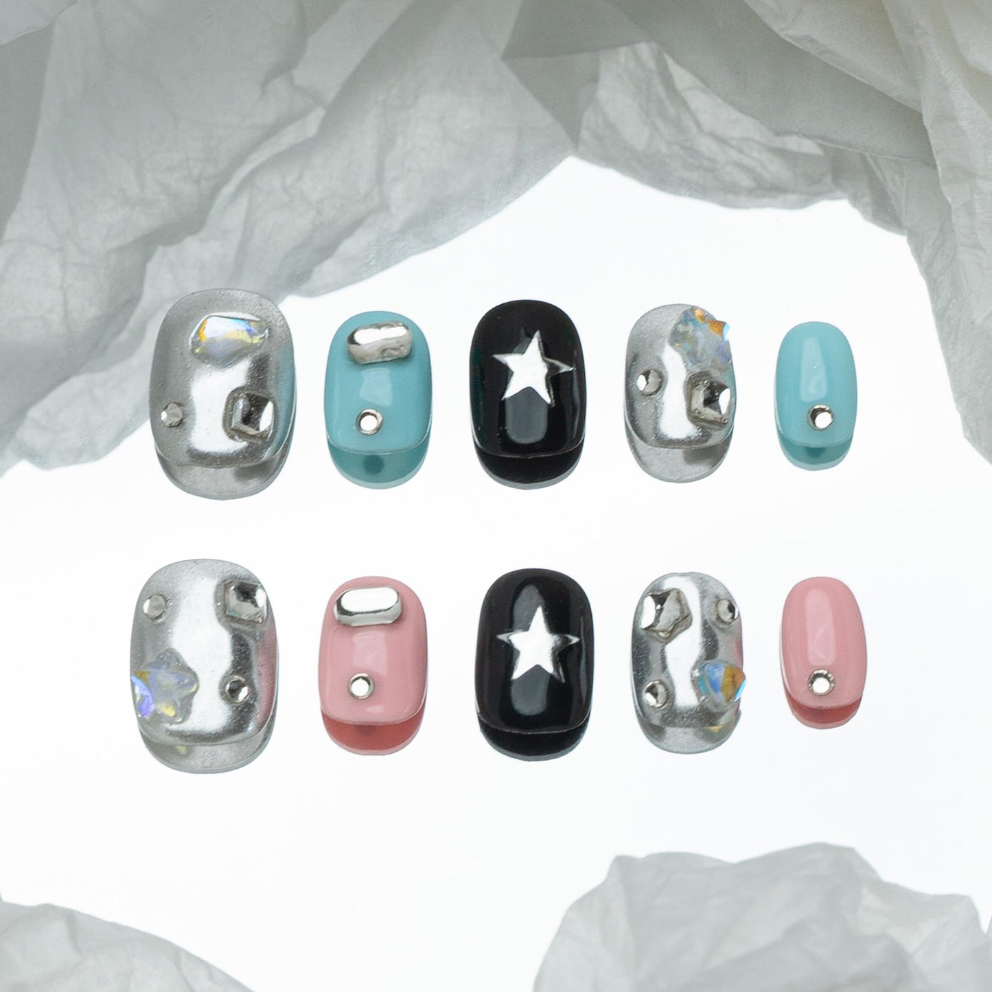 Sun&Beam Nails Handmade Press-on Short Squoval Round Blue Pink Black Silver Star Rhinestone Y2K Design Fashion False Nail Tips 10 Pcs Set (#205 S)