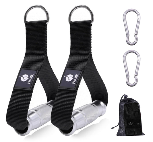 FLEXIKIN Premium Aluminum Alloy Gym Handles with Thickened Strap – Anti-Slip Grid Grip, Heavy-Duty Welded D-Ring for Cable Machine, Pulley System, and Strength Training Workouts (Black)