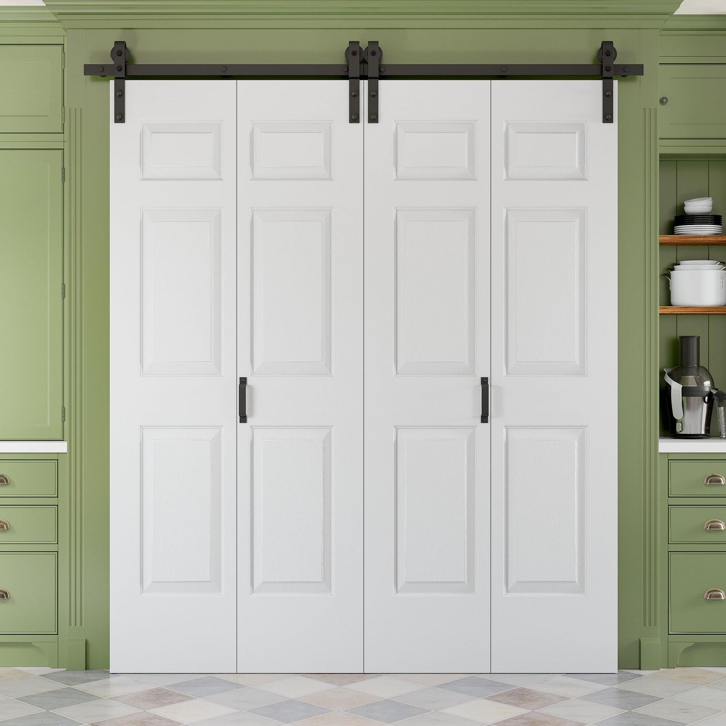 80" x 84" Paintable Bifold Barn Door, No Assembly Required, 6 Panels Bi-Fold Sliding Closet Doors with Hardware Kit Included, 88" Track Kit for 4 Doors, Pre-Drilled Holes, White