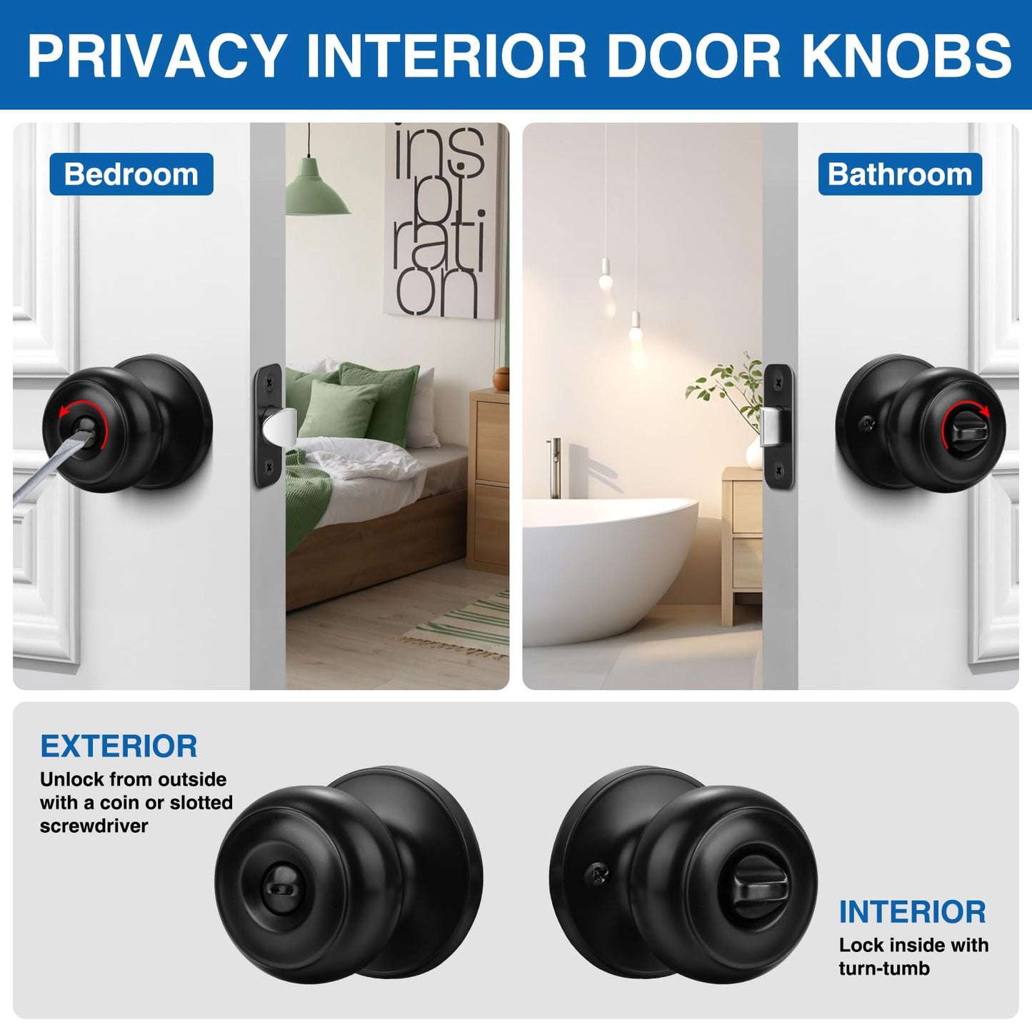 Sopoby Privacy Door Knob, 8 Pack Matte Black Round Keyless Doorknobs Interior/Exterior Lockset, Privacy Locking Door Knobs for Bedroom/Bathroom, Black Modern Design Door Hardware