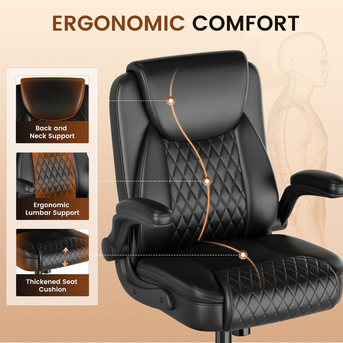GTPLAYER Leather Office Chair 400lbs, Home Desk Chair with Flip-up Arms and Ergonomic Back - Comfy Heavy Duty Executive Chair for Home Office Gaming, Black