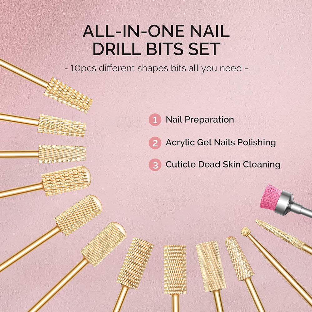 GLIX 13-Piece Professional Nail Drill Bits Set, Gold Tungsten Carbide E File Bits for Acrylic Nails & Gel Polish Removal, Ambidextrous Left/Right Hand Kit with 2XC Typhoon & Safety Cuticle Clean Bits