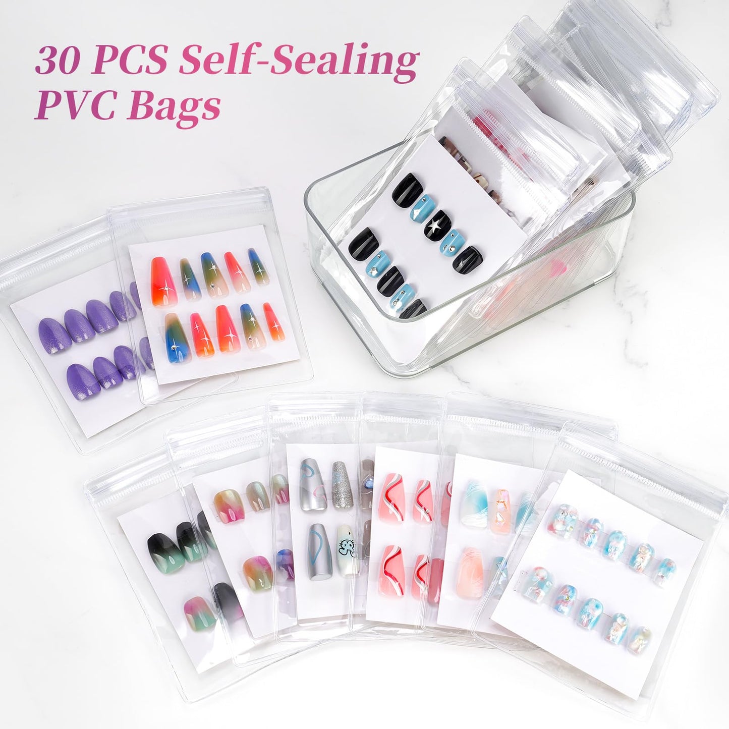 Aphlos Press On Nail Storage Set,30 PVC Ziplock Bags, 30 Nail Art Cards, a Roll of Transparent Double-Sided Tape and an Acrylic Storage Box