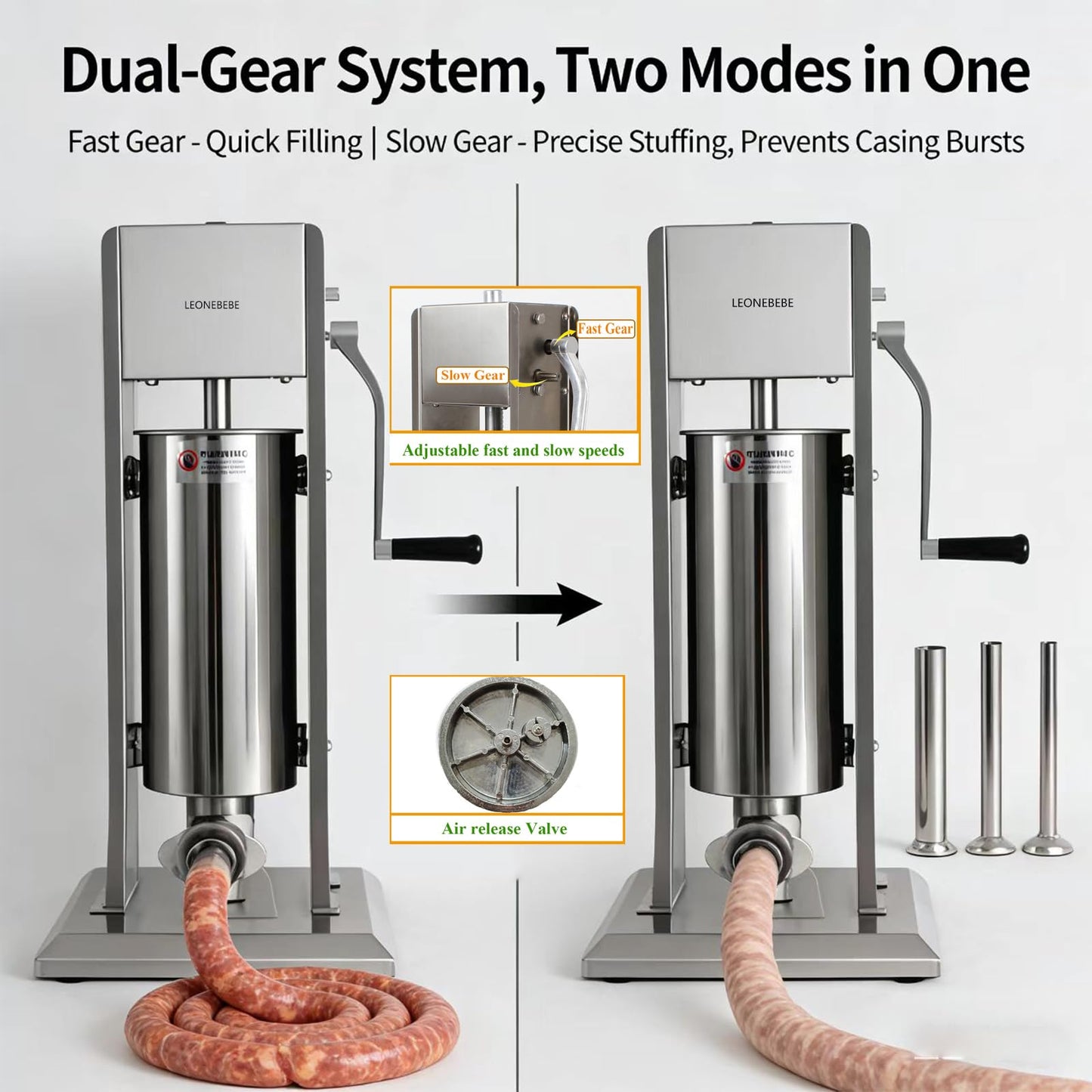 LEONEBEBE Manual Sausage Stuffer Filler, Commercial Vertical Sausage Maker Machine, 7Lbs/3L Capacity, 2 Speeds, Adjustable, 4 Stainless Steel Filling Tubes, Silver
