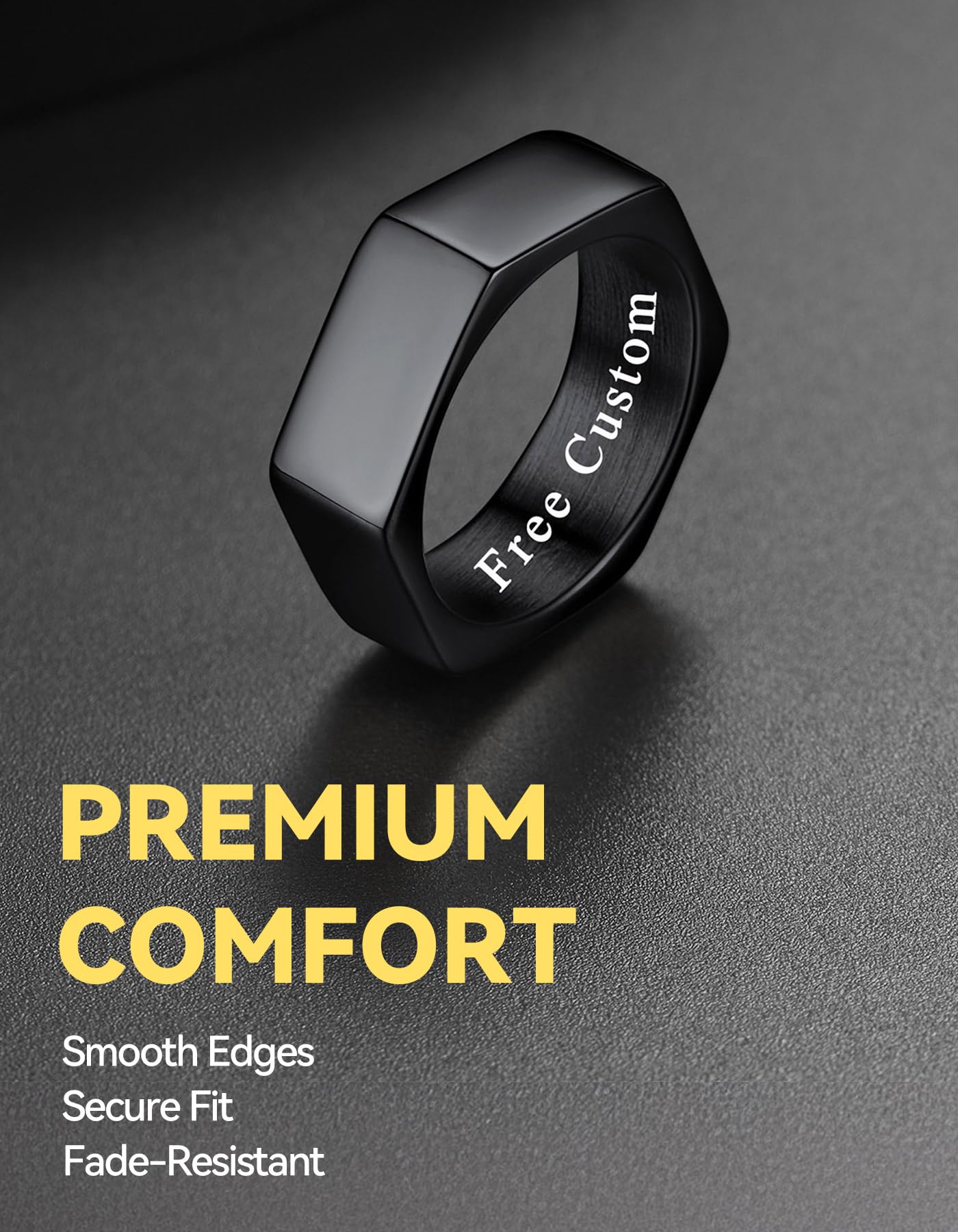 ChainsHouse Personalized Engravable Stainless Steel Black Hexagon Geometric Biker Ring Bands, Size 13