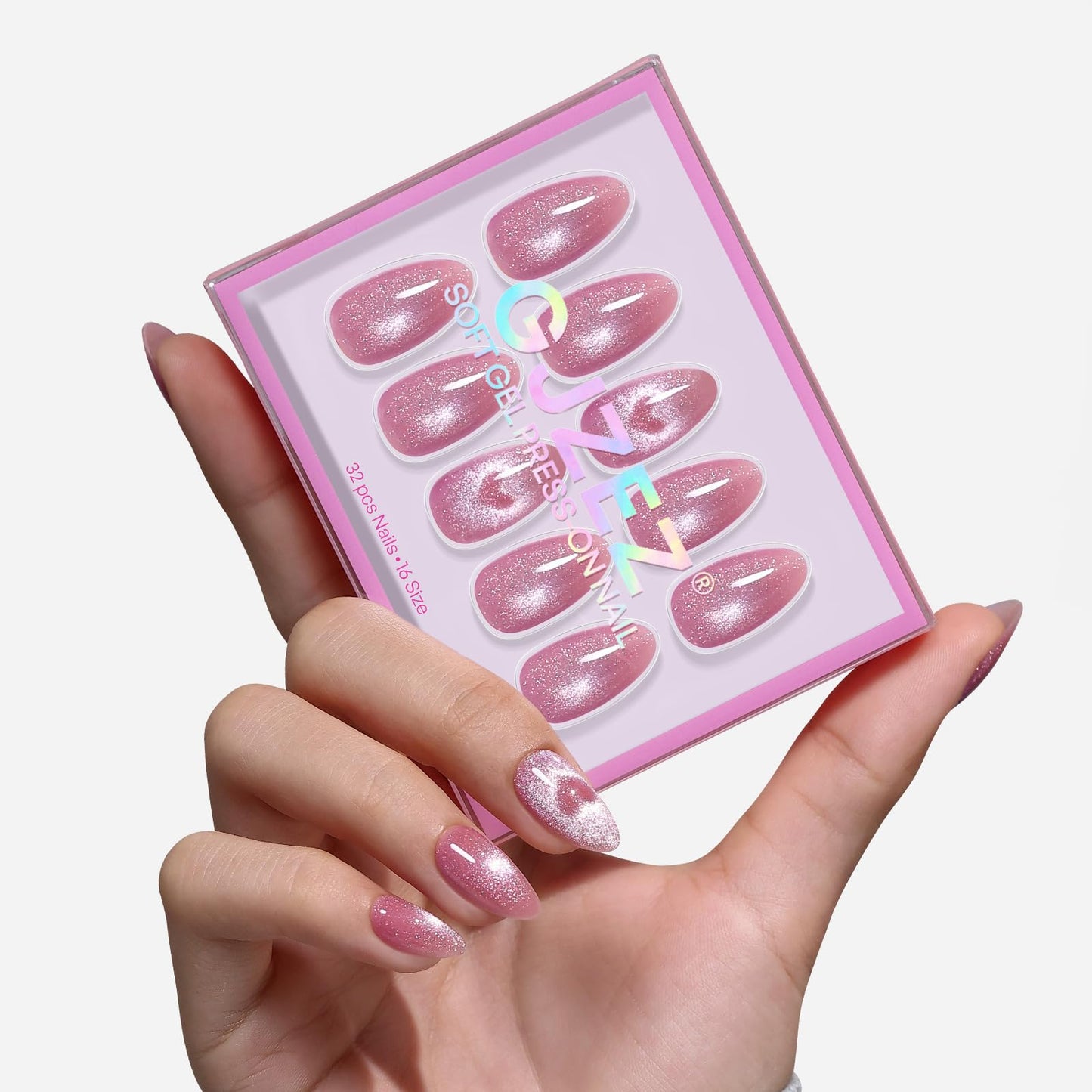 Short Almond Press on Nails Pink - GJZEZ Soft Gel Cute Cateye Nails Press ons with Magnetic Heart Designs in a Velvet Finish, Reusable Fake Faux Nail Gifts for Women in 16 Sizes 32 PCS, Romance