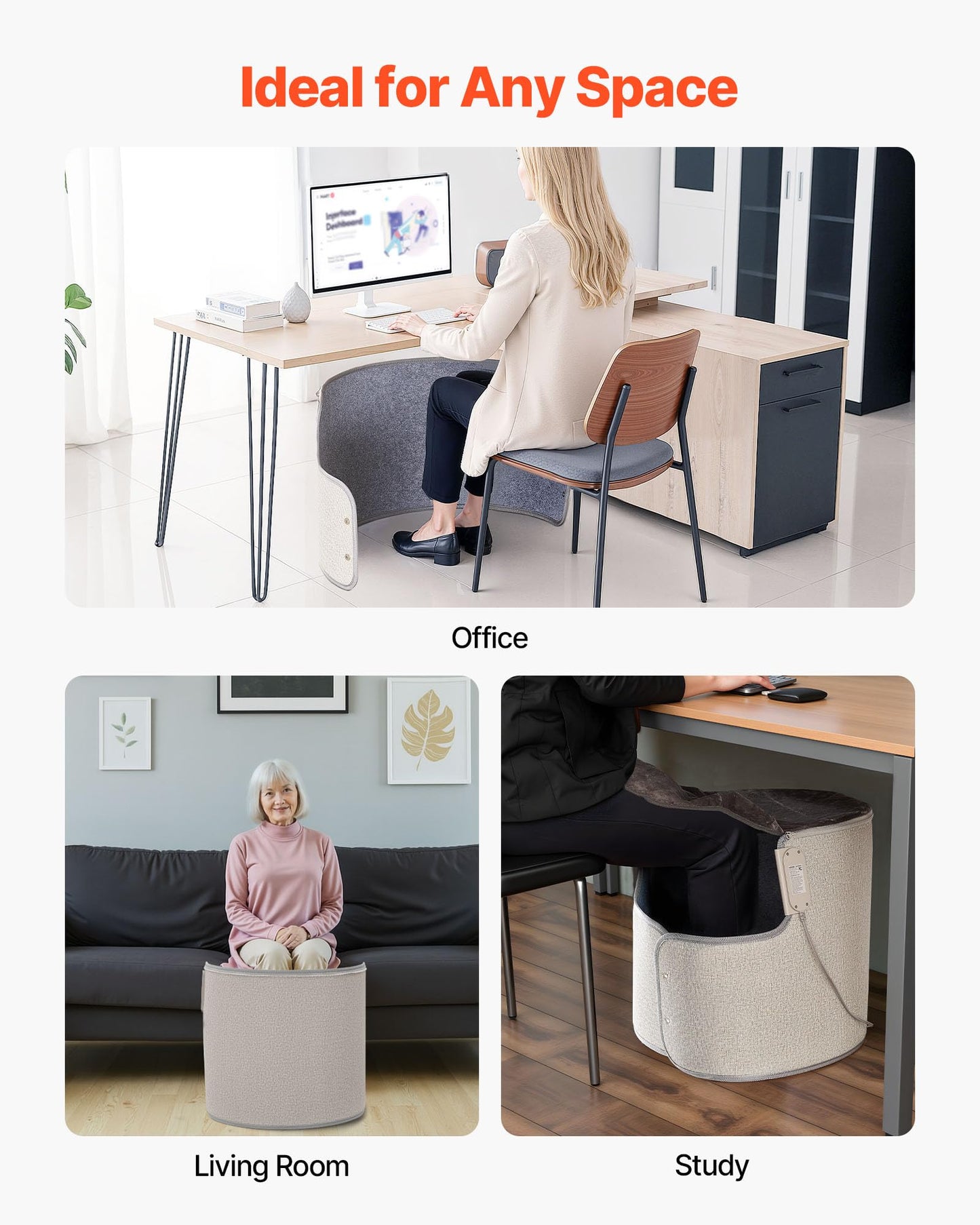 VEVOR Under Desk Space Heater,Rollable Foot Warmer Portable for Home&Office,Timer & Secure,Quiet for Legs,Ankles,Touch&Remote Control Personal Electric Round Surround Warming Pad,Over-Heat Protection