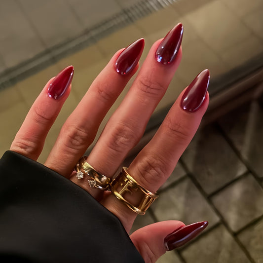SXVME Cat Eye Dark Red Press On Nails Medium Almond Shaped - 30 Pcs Stiletto Fake Nails Acrylic Press ons, Natural Fit, Opaque Glitter Chrome Gel Nails Stick on, Soft Gel Glue on Nails for Women