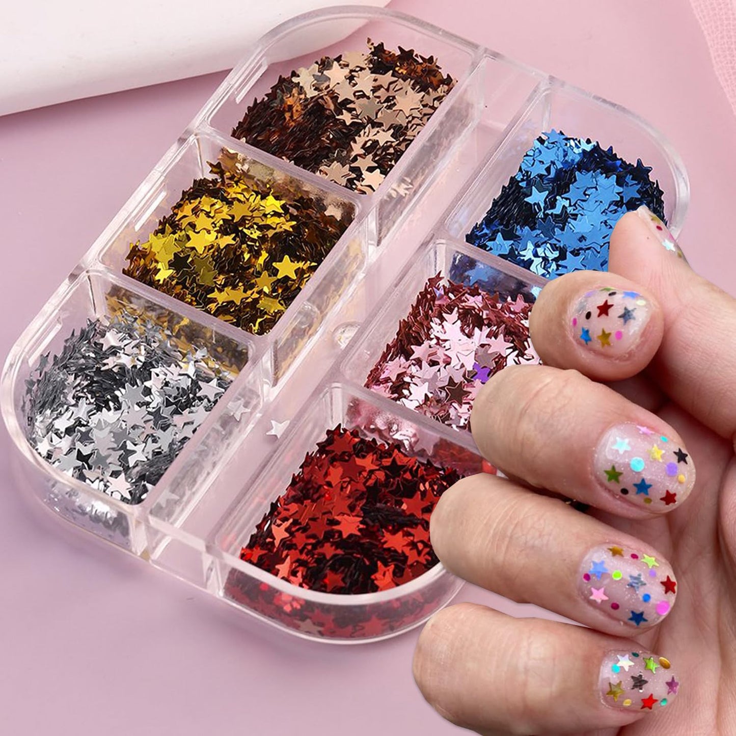 Stars Nail Art Glitter Sequins - 6Grid 3D Sparkly Five-Pointed Star Nail Flakes Designs, Holographic Star Nail Glitters for Nails Supplies Star Nail Flake for Independence Day DIY Crafts Holiday Party