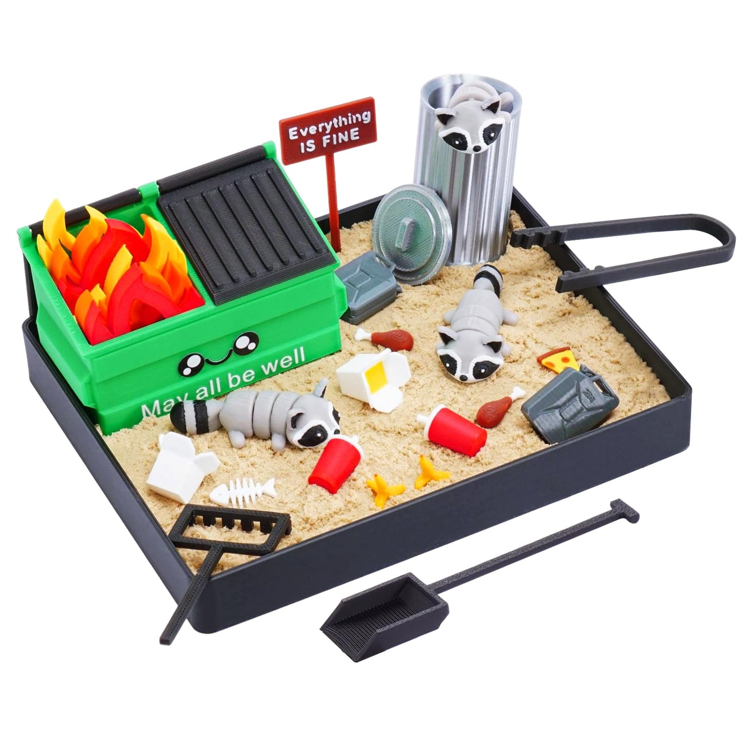 Dumpster Fire Zen Garden - Funny Satirical Mini Desk Sand Garden, Small Compact Stress Relief Office Accessory, Unique Desk Toy for Work/School
