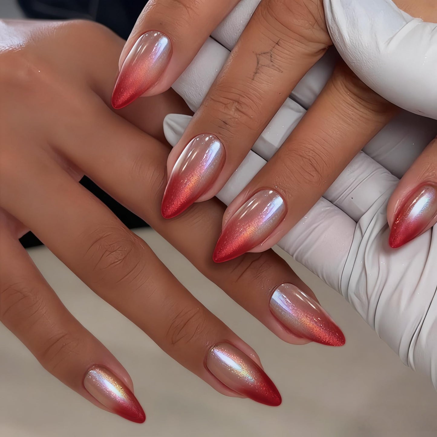 Ombre Red Press On Nails Almond Stiletto - KQueenest Chrome French Press On Nails Medium, Sparkle Gradient Fake Nails Press on, Glazed Cute French Glue on Nails Medium, Stick On Nails for Women