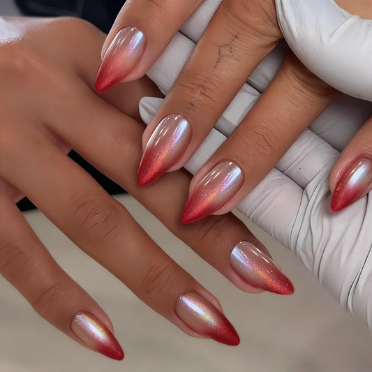 Ombre Red Press On Nails Almond Stiletto - KQueenest Chrome French Press On Nails Medium, Sparkle Gradient Fake Nails Press on, Glazed Cute French Glue on Nails Medium, Stick On Nails for Women