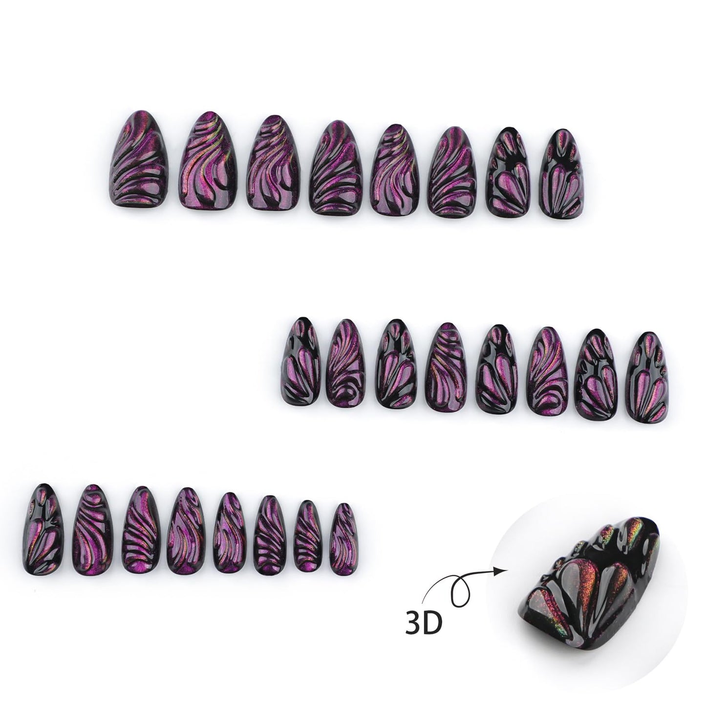 24pcs Black Purple Press on Nails Cat's Eye Fake Y2K Nails 3D Butterfly Water Drops Design Handmade Press on Nails Cool Punk False Nails Medium Almond Tip False Nails for Women Daily Wear