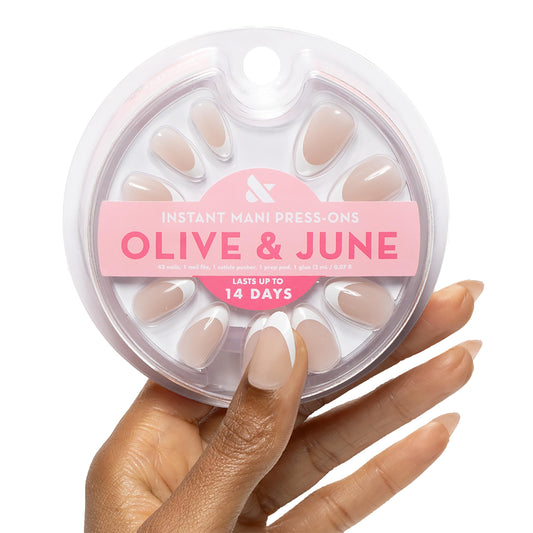 Olive & June Instant Mani Press-On Nails (Glue) | 42 Fake Nails, 21 Sizes | Non-Toxic, Long-Lasting Recycled Materials Realistic Look | Salon-Quality at Home | Medium, Almond | Iconic French