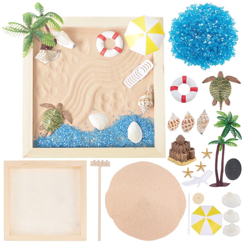 WEBEEDY Beach Zen Garden Kit for Office,Desktop Mini Zen Garden with Sand Artificial Tree Rocks & Accessories,Sand Gardens DIY Kit Meditation Decoration Gifts for Women Men,Square(6x6/15x15cm)