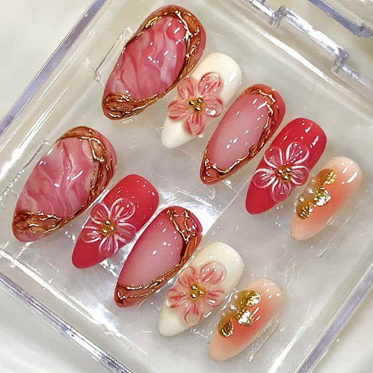 LINMEIZAI 24 Pcs Blossom Press on Nails Short Almond French Fake Nails Press ons Nail Tips Marble Glue on Nails Spring Acrylic Nail Kit with 3D Gold Trim Design False Nails Sticker Nail Art for Women