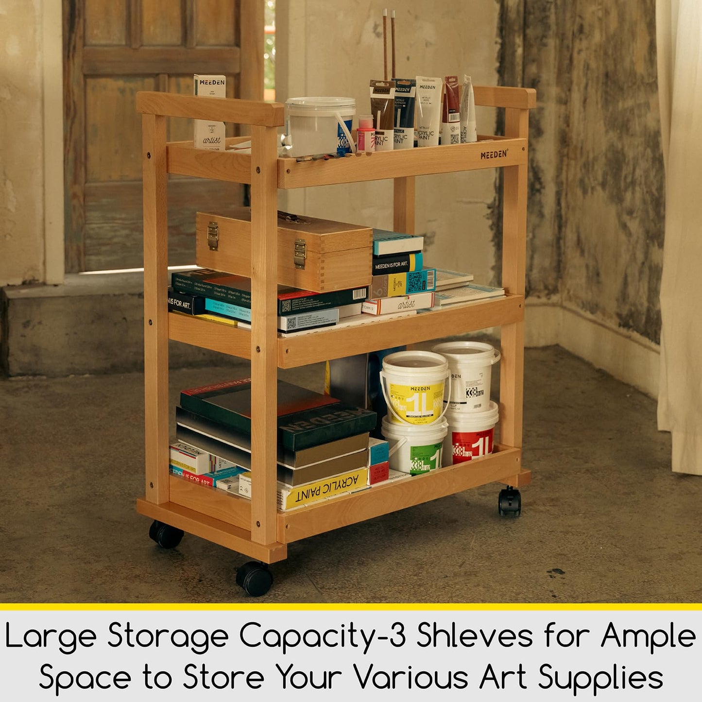 MEEDEN Art Cart Storage Organizer, 3-Tier Rolling Utility Studio Taboret with Caster Wheels, Multifunctional Storage Trolley Shelving Unit on Wheels, Solid Beechwood Art Supplies Studio Cart Classroom