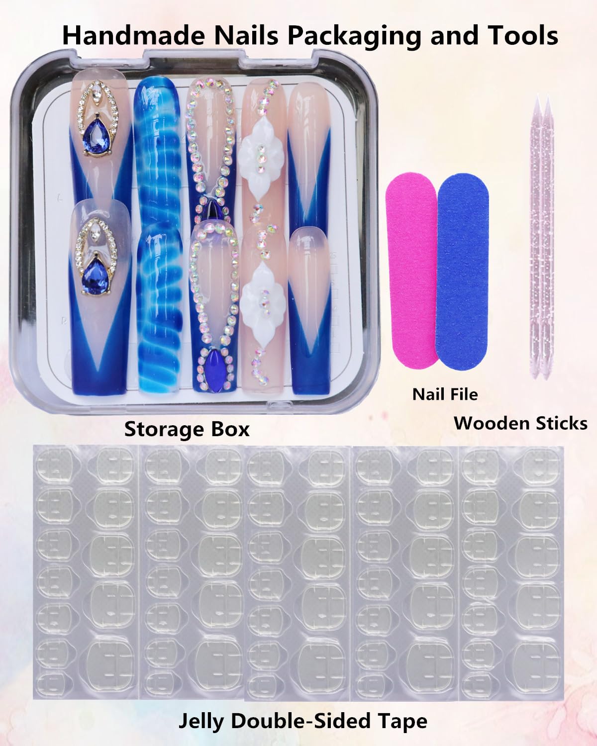 CAMILCY Luxury Handmade Coffin Press on Nails Long Length Blue Water Ripple Gem Flower Design Glossy Full Cover Acrylic Fake Nails for Women 10pcs (B22, M)