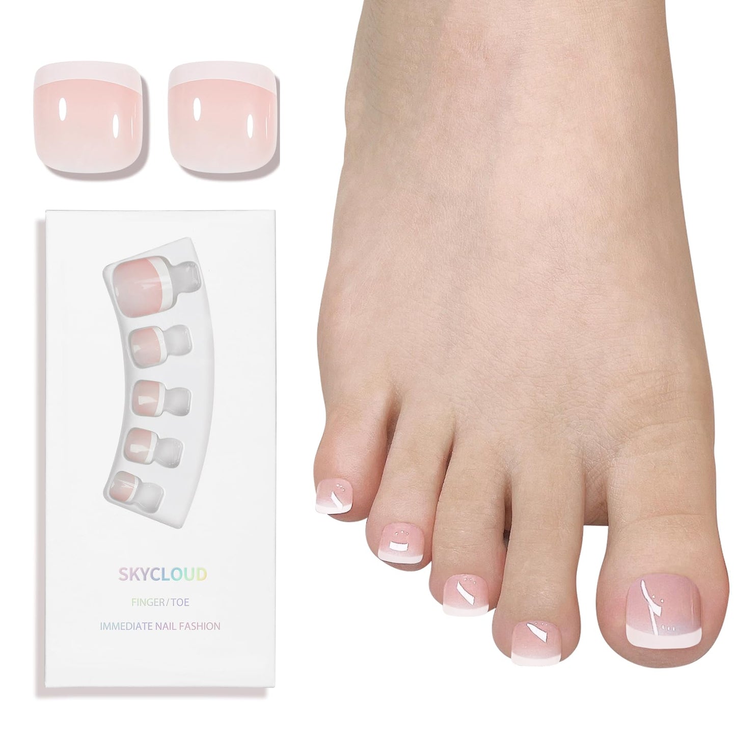 Short Press On Toenails,14Size-28 Pcs Soft Gel French White Square Fake Toenails Kit with Toenails Glue,Natural Reusable Stick On False Toenails for Women and Girls (Skycloud White Toenails) SK0730